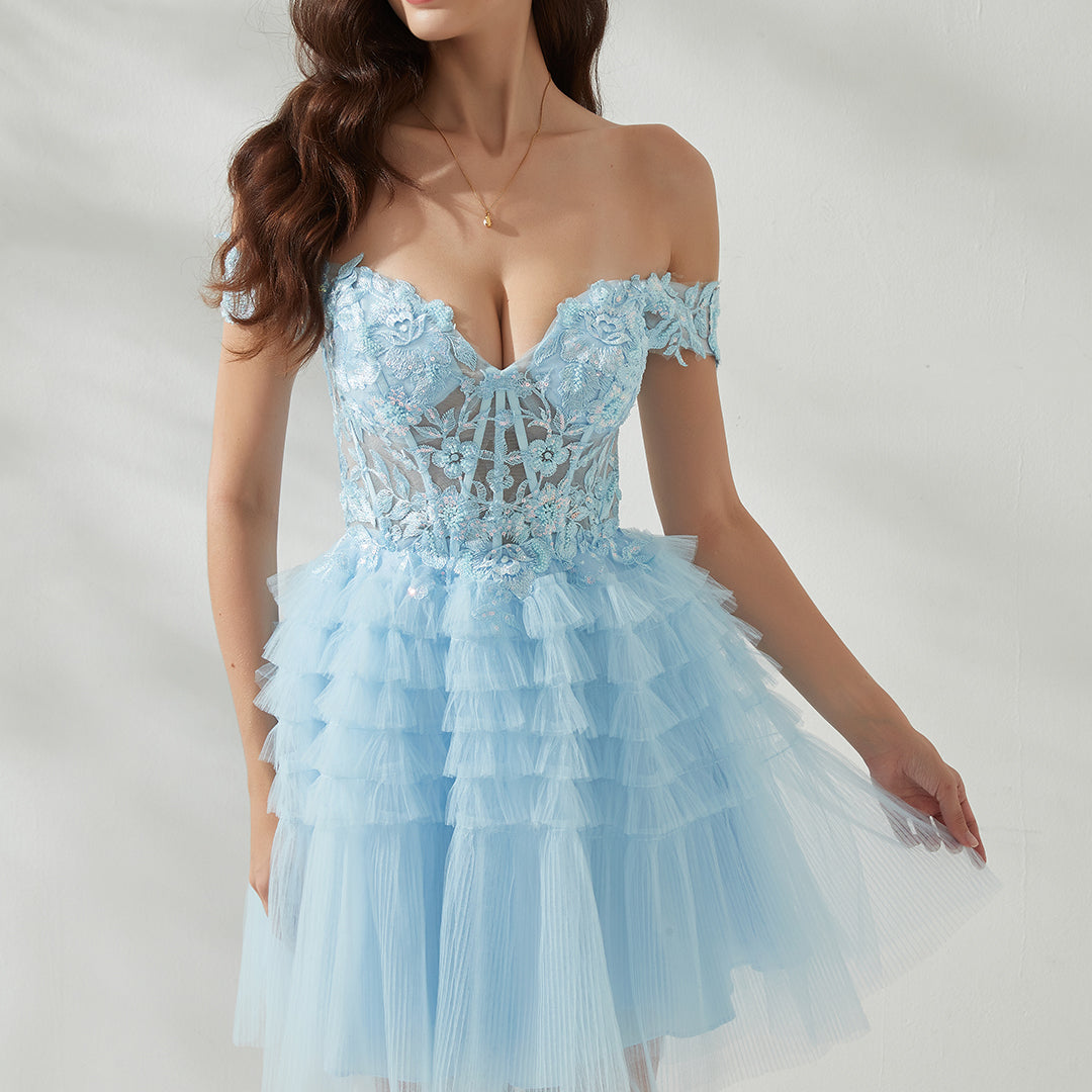 Sweetheart-Neck Off Shoulder Sleeve Sequins Appliquéd Cross Strap Cake Mini Dresses