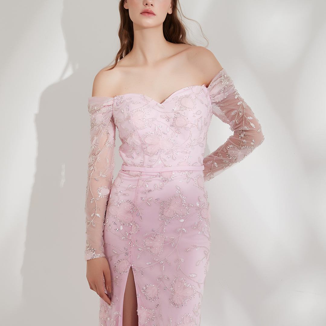 Lace Puff Long Sleeve High Front Split Zipper Train Evening Dress