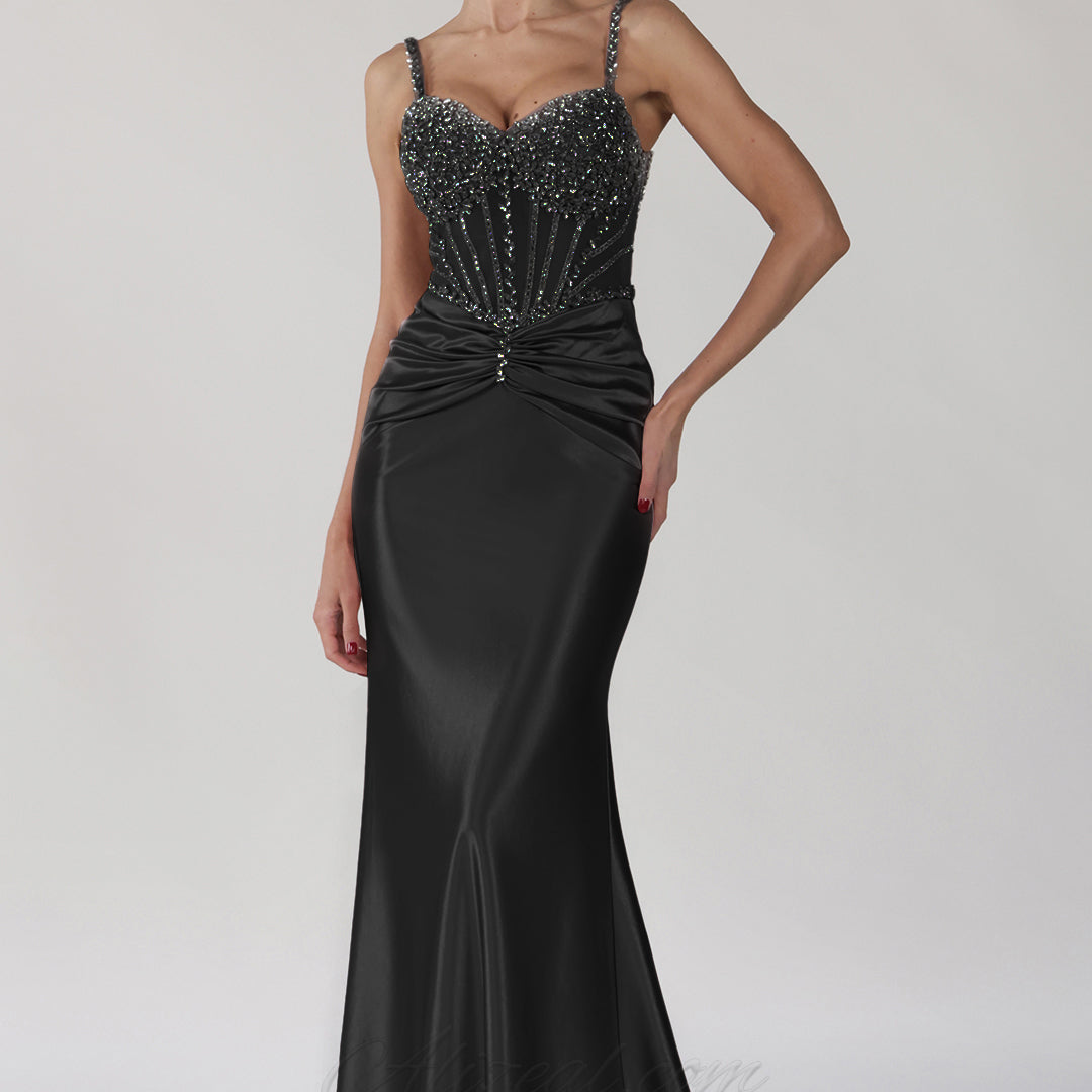 Spaghetti Straps Beaded Sheer Corset Ruched Mermaid Dress