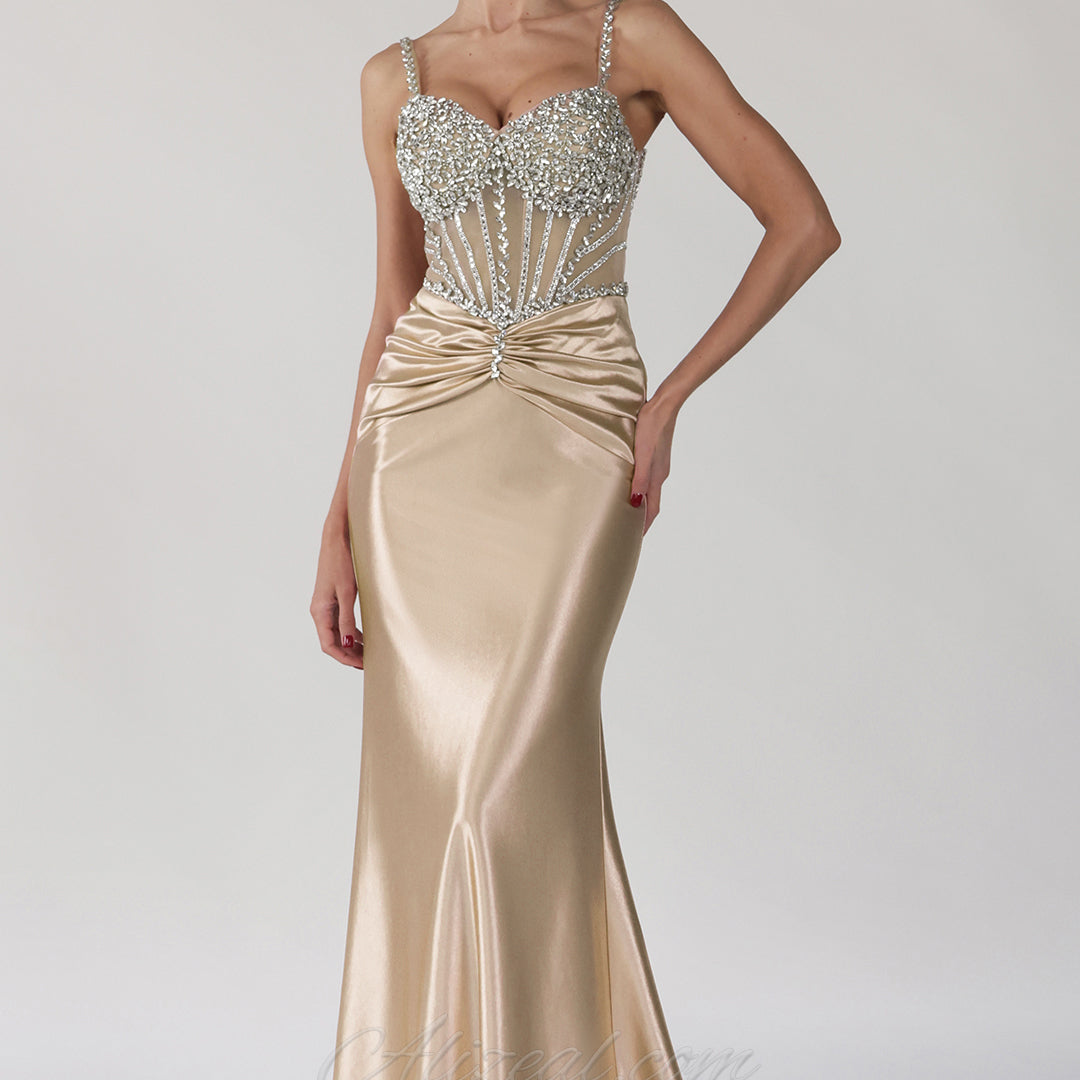 Beaded Sheer Corset Ruched Mermaid Prom Dress