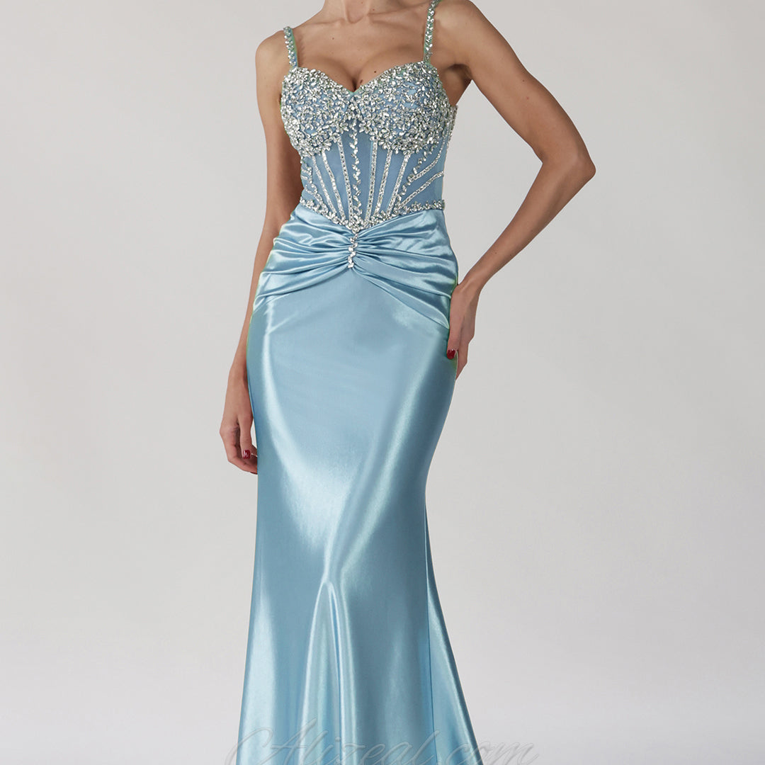 Beaded Sheer Corset Ruched Mermaid Prom Dress