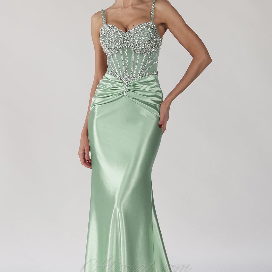 Sheer Beaded Corset Ruched Mermaid Prom Dress