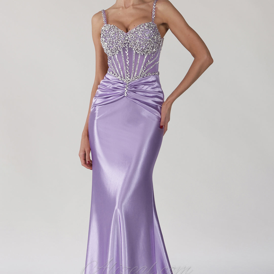 Beaded Sheer Corset Ruched Mermaid Dress