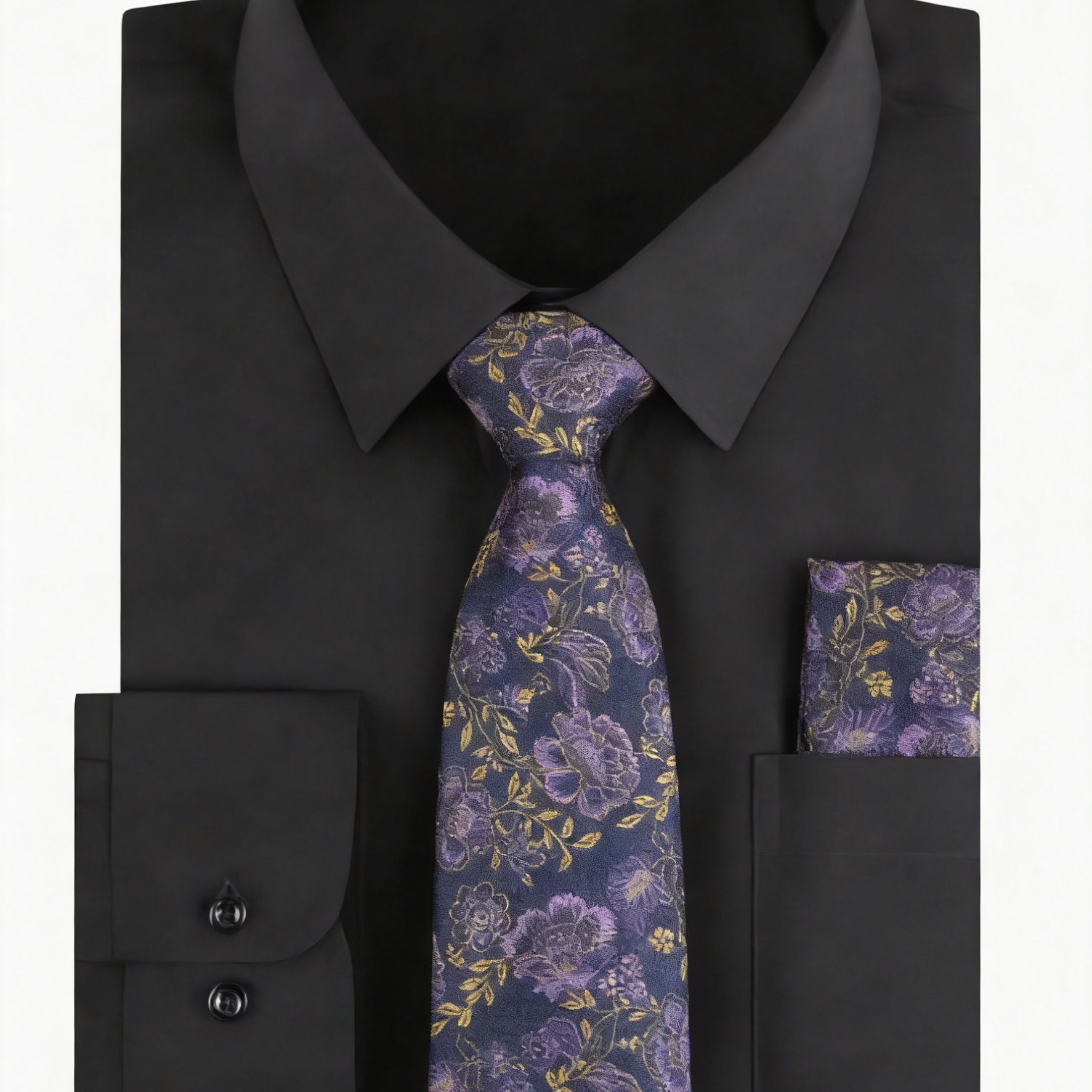 3pcs Black Series Mens Dress Shirt with Tie Pocket Square Set