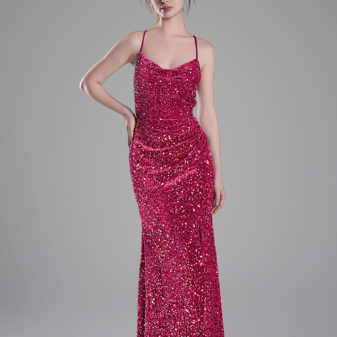 Cowl Neckline Eye-Catching Sequin Lace-Up Dresses