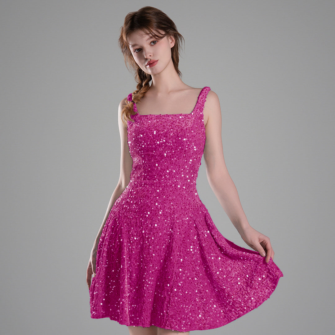 Square-Neck Wide Straps Sequins Pleated Dresses