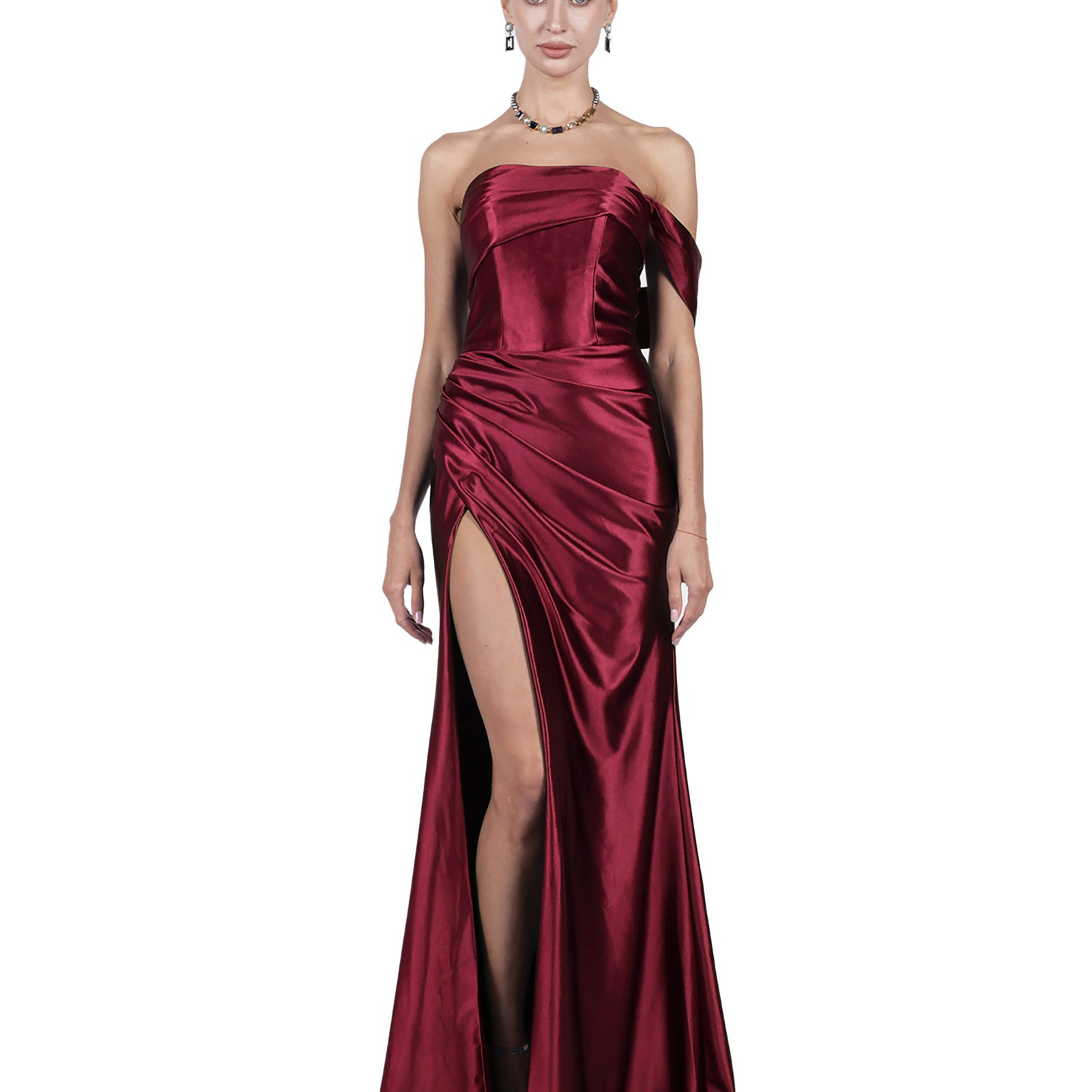 Off-Shoulder Pleated Satin High Split Flutter Elegant Evening Dresses