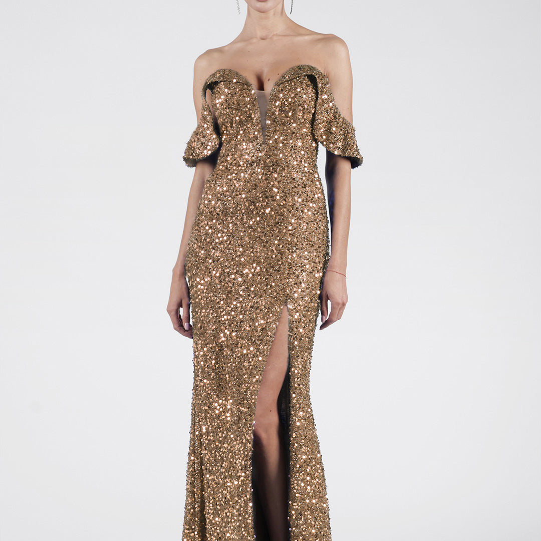 Robe portefeuille fendue à épaules dénudées et sequins