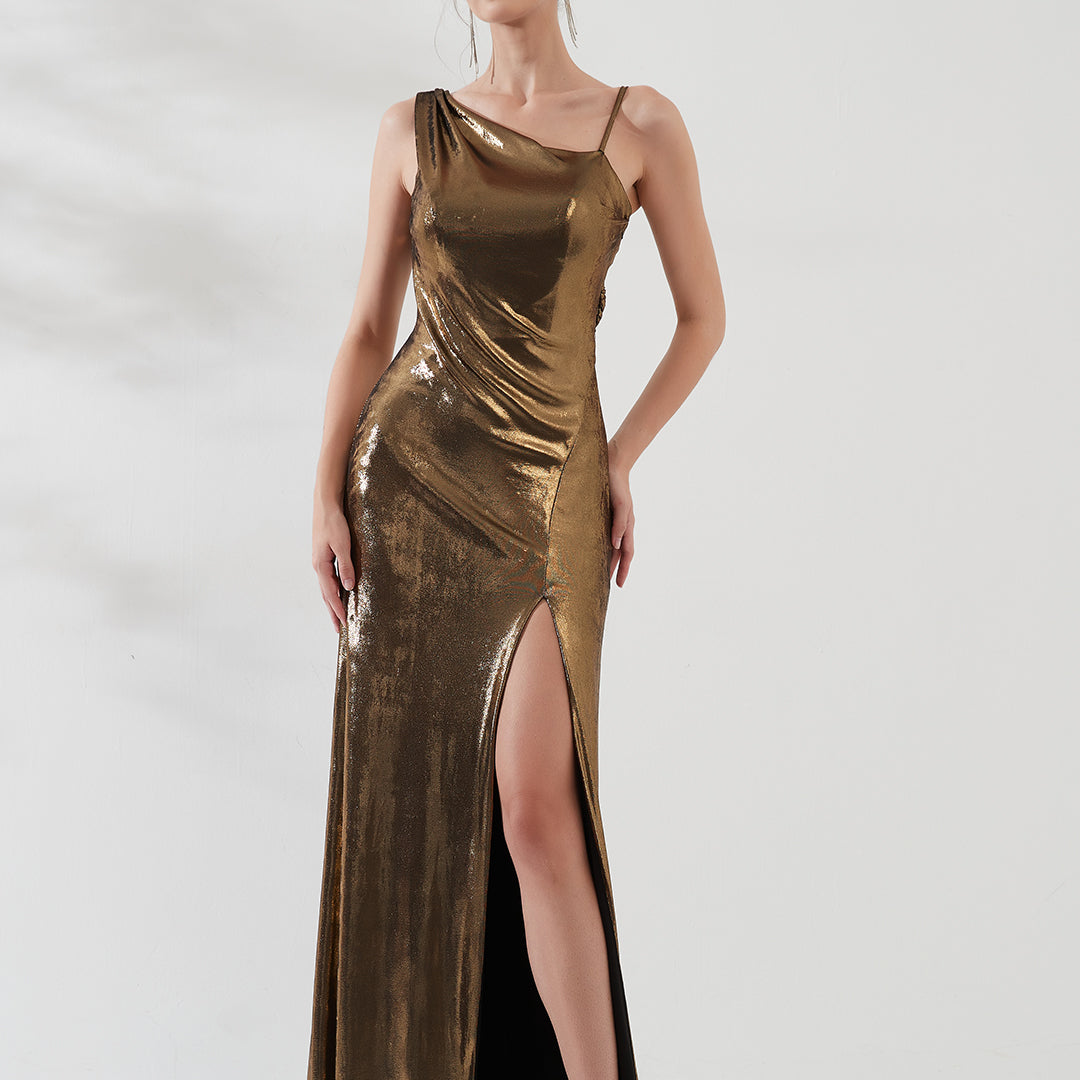Glossy Asymmetrical Shoulder Front Split Evening Dress