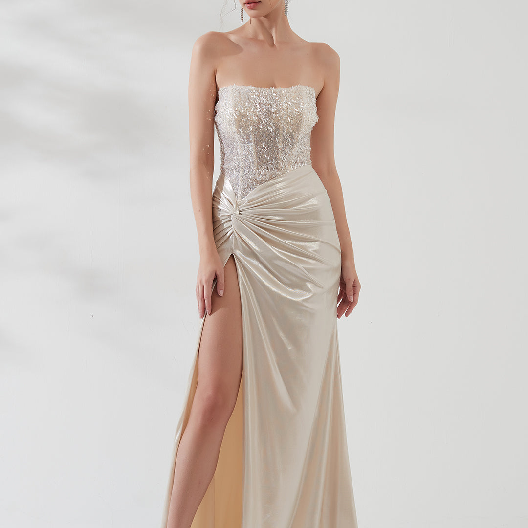 Tube Top High Split Sequins Backless Floor Length Evening Dress