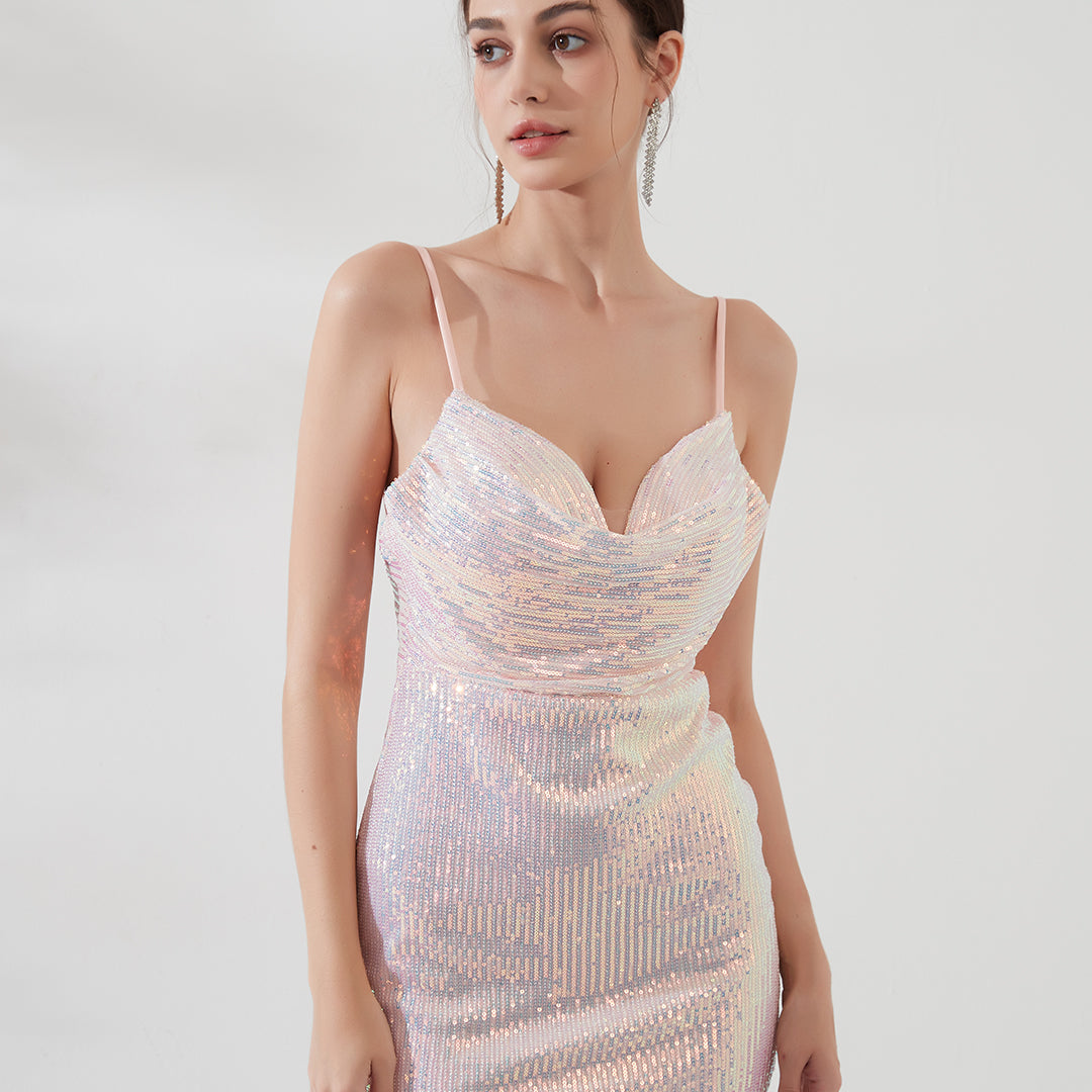 V-Neck Spaghetti Strap Sequins Backless Mini Dresses