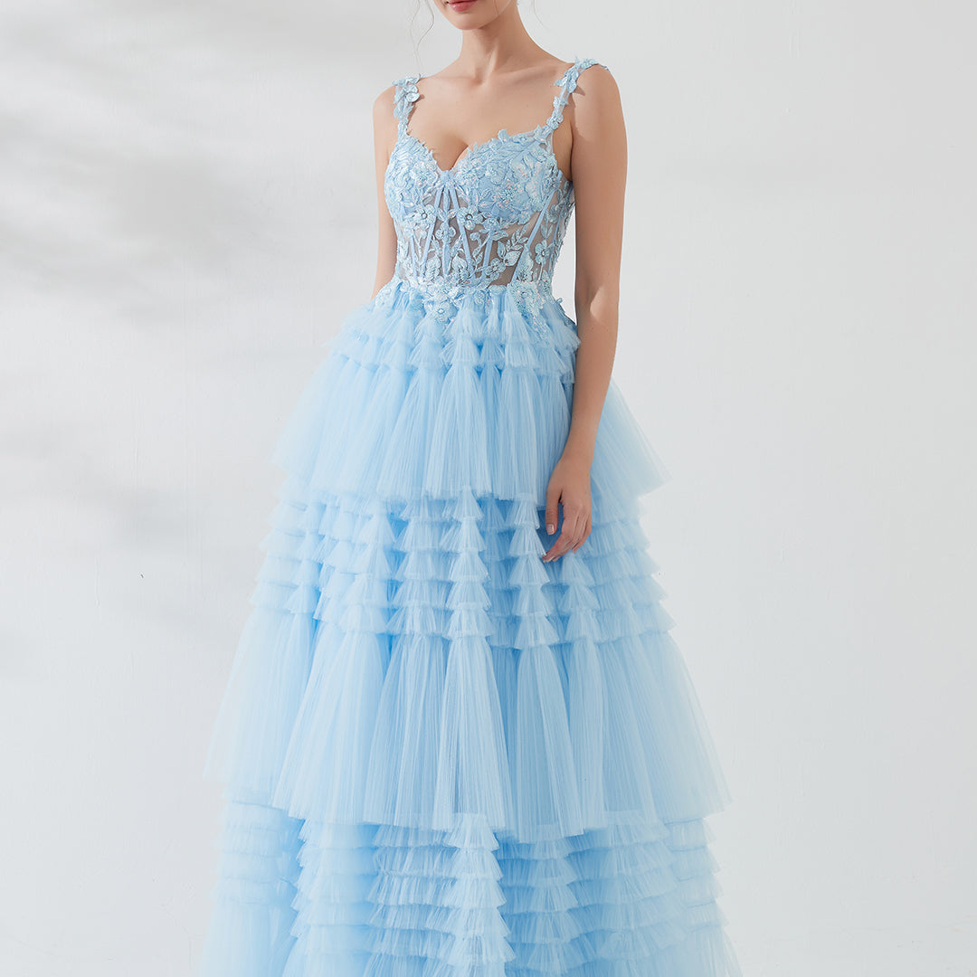 Spaghetti Straps Embroidered Sequin Puffy Cake-Dresses