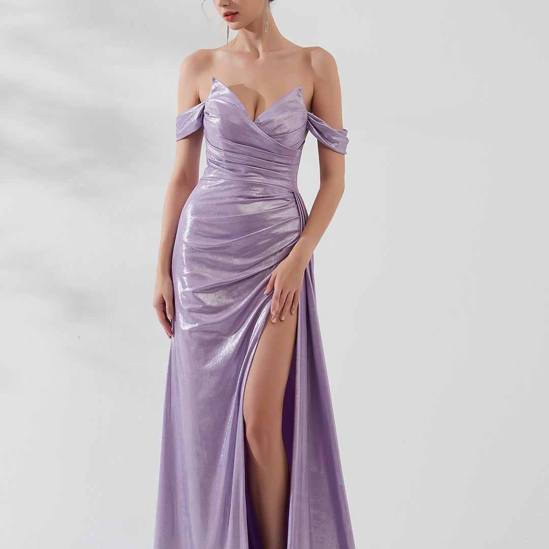 Drop Shoulder Sleeves Front High Split Evening Dress