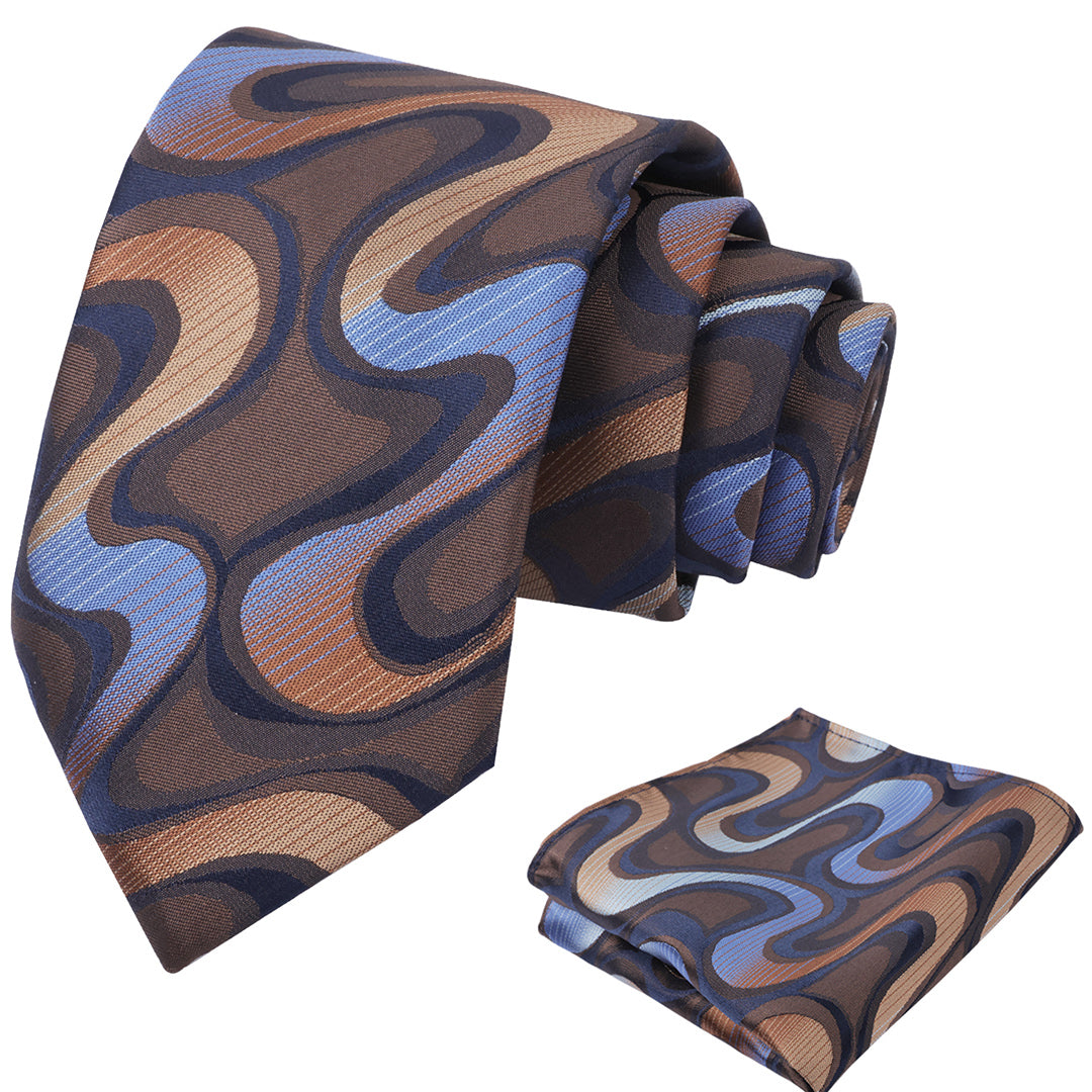 Mens 3.15inches Gradient Wave Pattern Tie Set with Pocket Square Casual Color Clash Tie Set-902