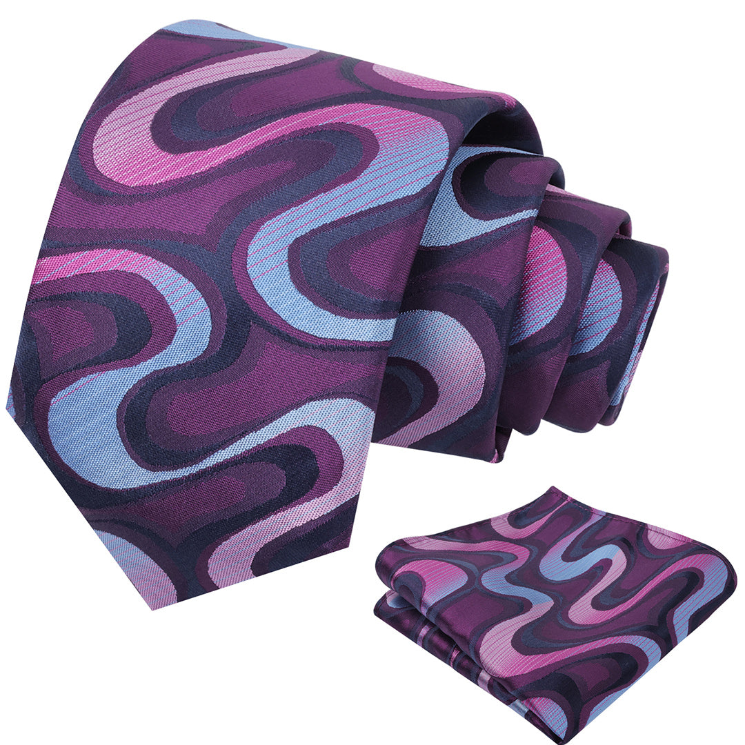 Mens 3.15inches Gradient Wave Pattern Tie Set with Pocket Square Casual Color Clash Tie Set-902