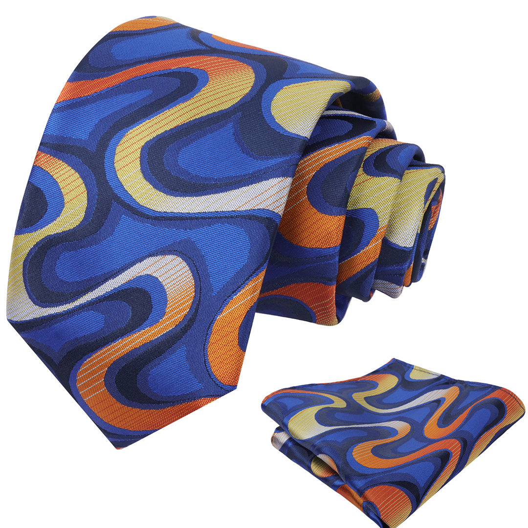 Mens 3.15inches Gradient Wave Pattern Tie Set with Pocket Square Casual Color Clash Tie Set-902