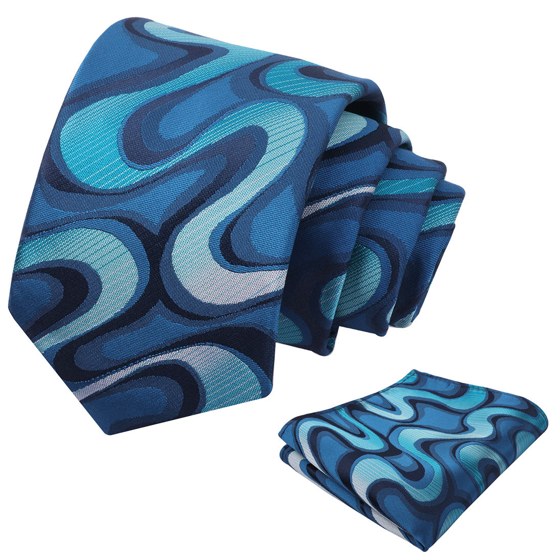 Mens 3.15inches Gradient Wave Pattern Tie Set with Pocket Square Casual Color Clash Tie Set-902
