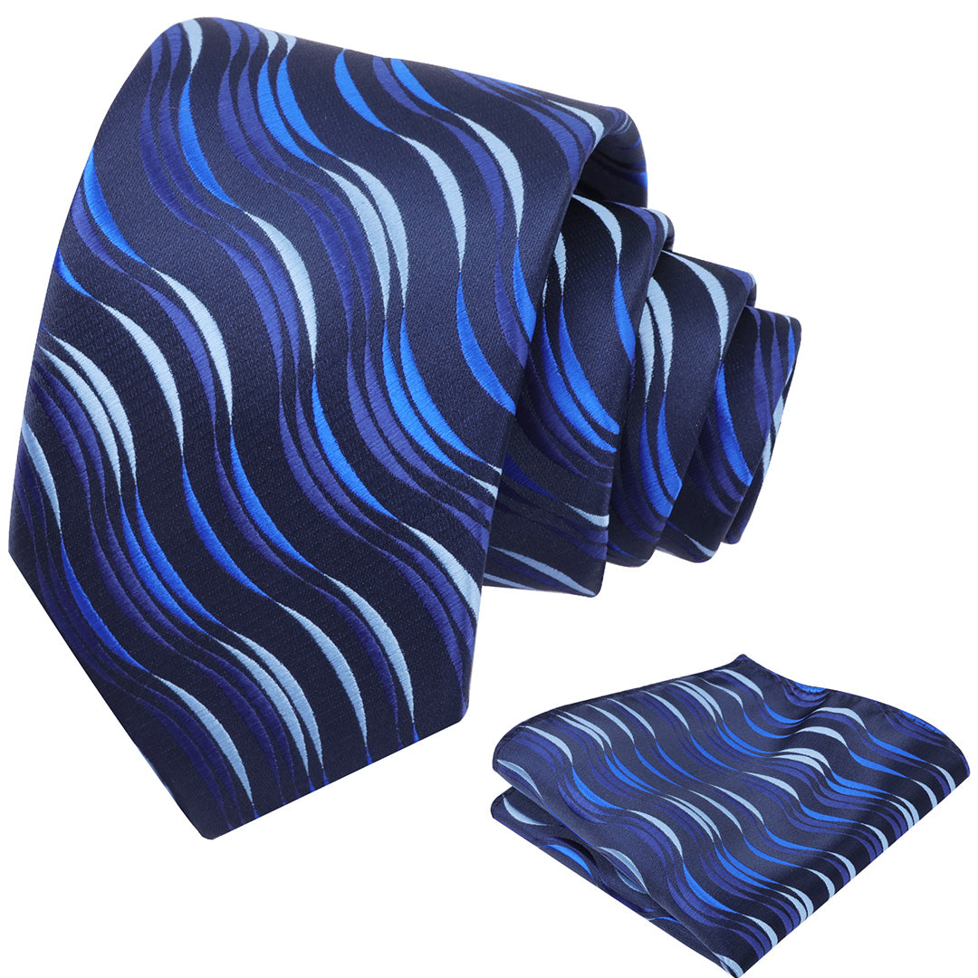 Mens 3.15'' Gradient Ripple Pattern Tie Set with Pocket Square Casual Color Tie Set-904