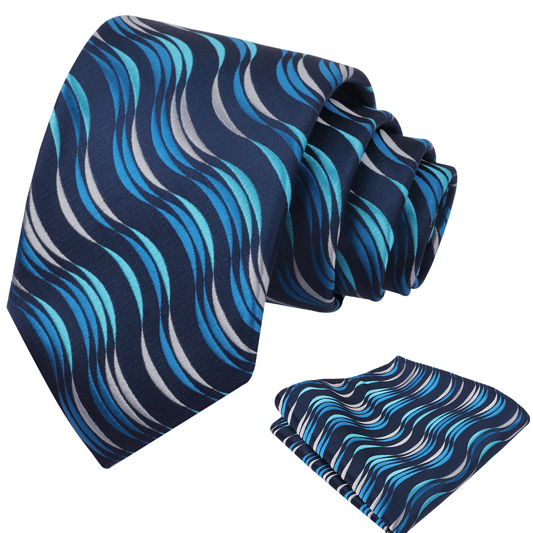 Mens 3.15'' Gradient Ripple Pattern Tie Set with Pocket Square Casual Color Tie Set-904