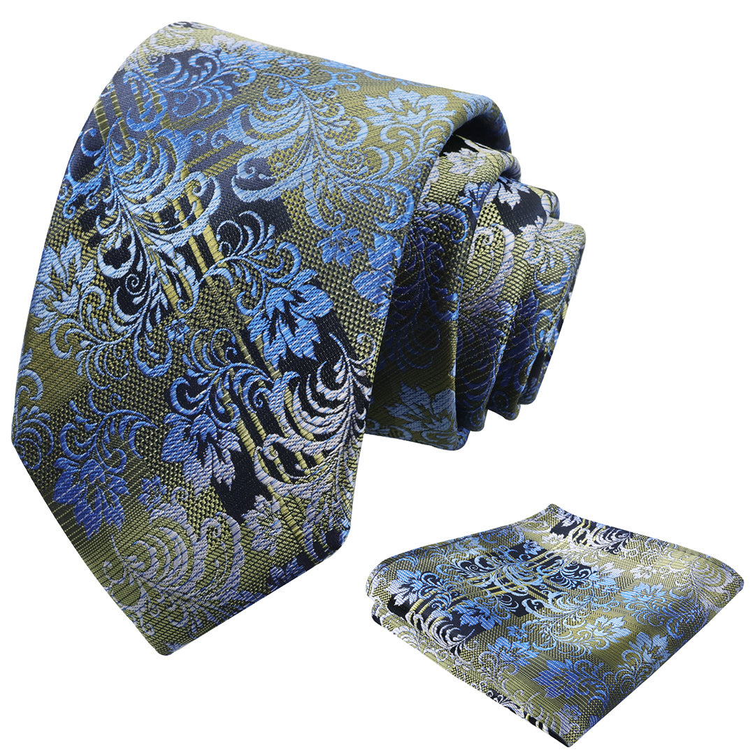 Mens 3.15'' Gradient Leaf Pattern Tie Set with Pocket Square Casual Tie Set-905