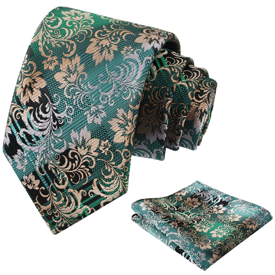 Mens 3.15'' Gradient Leaf Pattern Tie Set with Pocket Square Casual Tie Set-905