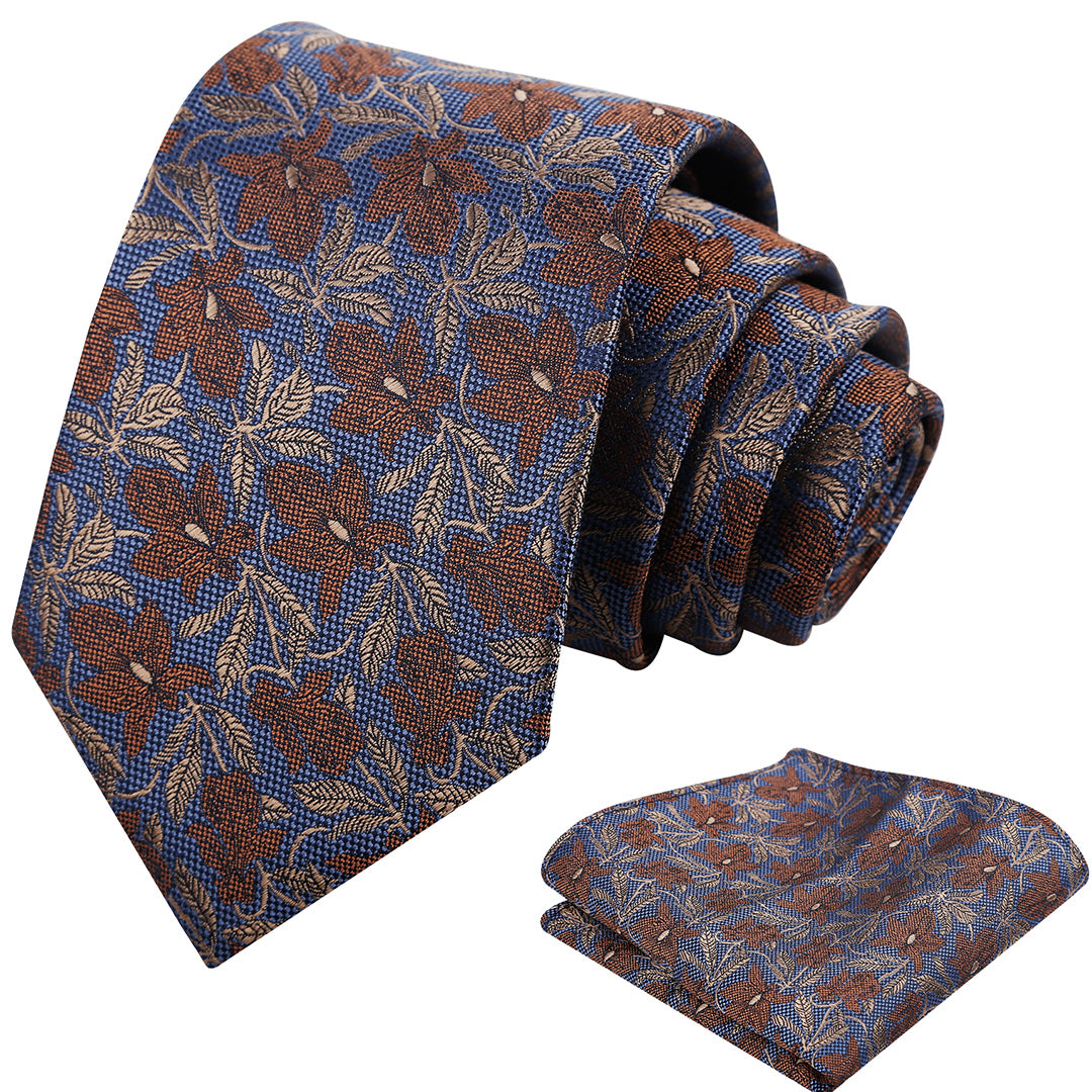 Mens 3.15'' Maple Leaf Pattern Necktie with Plant Printed Hanky Set-908