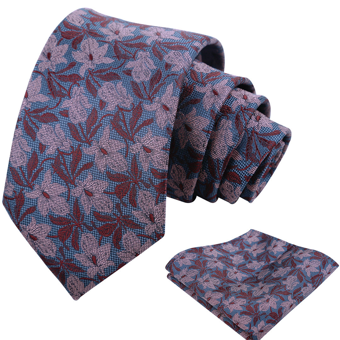 Mens 3.15'' Maple Leaf Pattern Necktie with Plant Printed Hanky Set-908