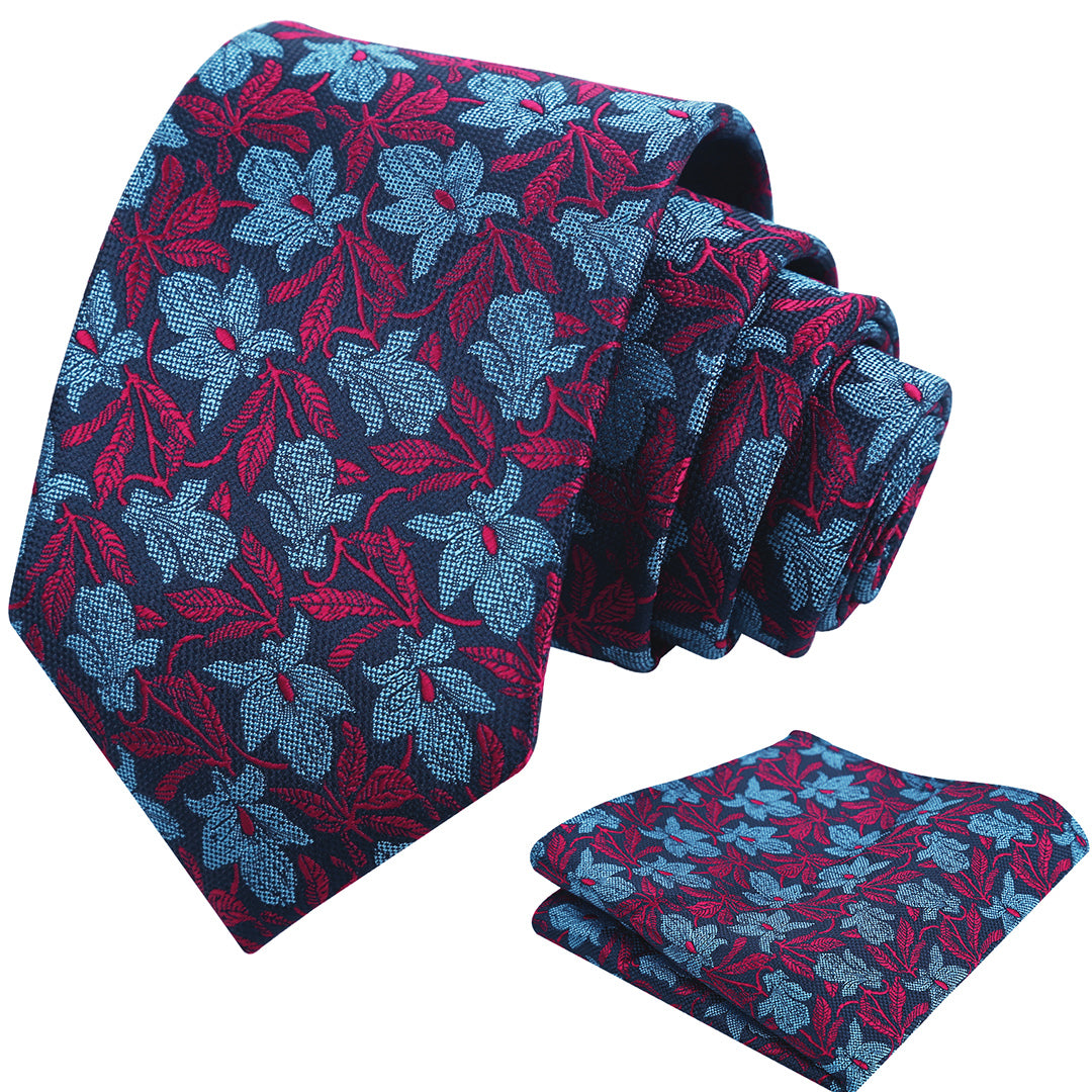 Mens 3.15'' Maple Leaf Pattern Necktie with Plant Printed Hanky Set-908