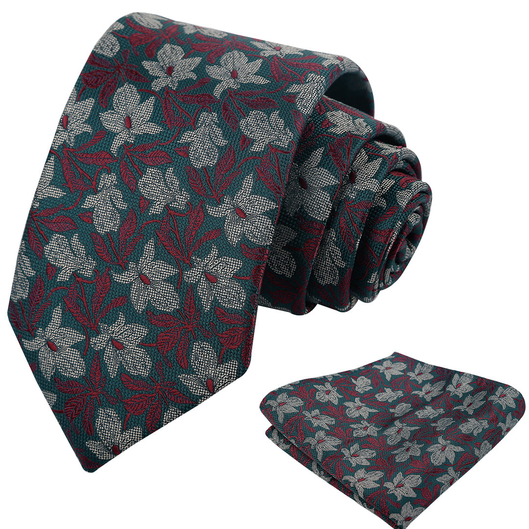 Mens 3.15'' Maple Leaf Pattern Necktie with Plant Printed Hanky Set-908