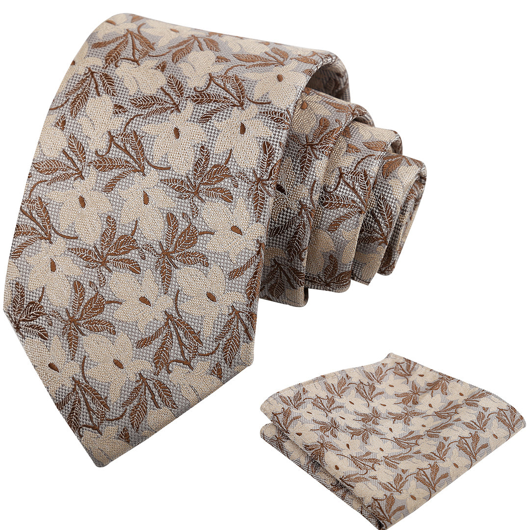 Mens 3.15'' Maple Leaf Pattern Necktie with Plant Printed Hanky Set-908