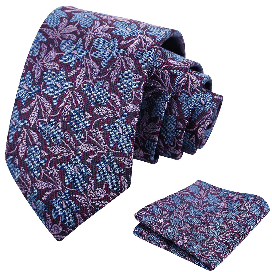 Mens 3.15'' Maple Leaf Pattern Necktie with Plant Printed Hanky Set-908