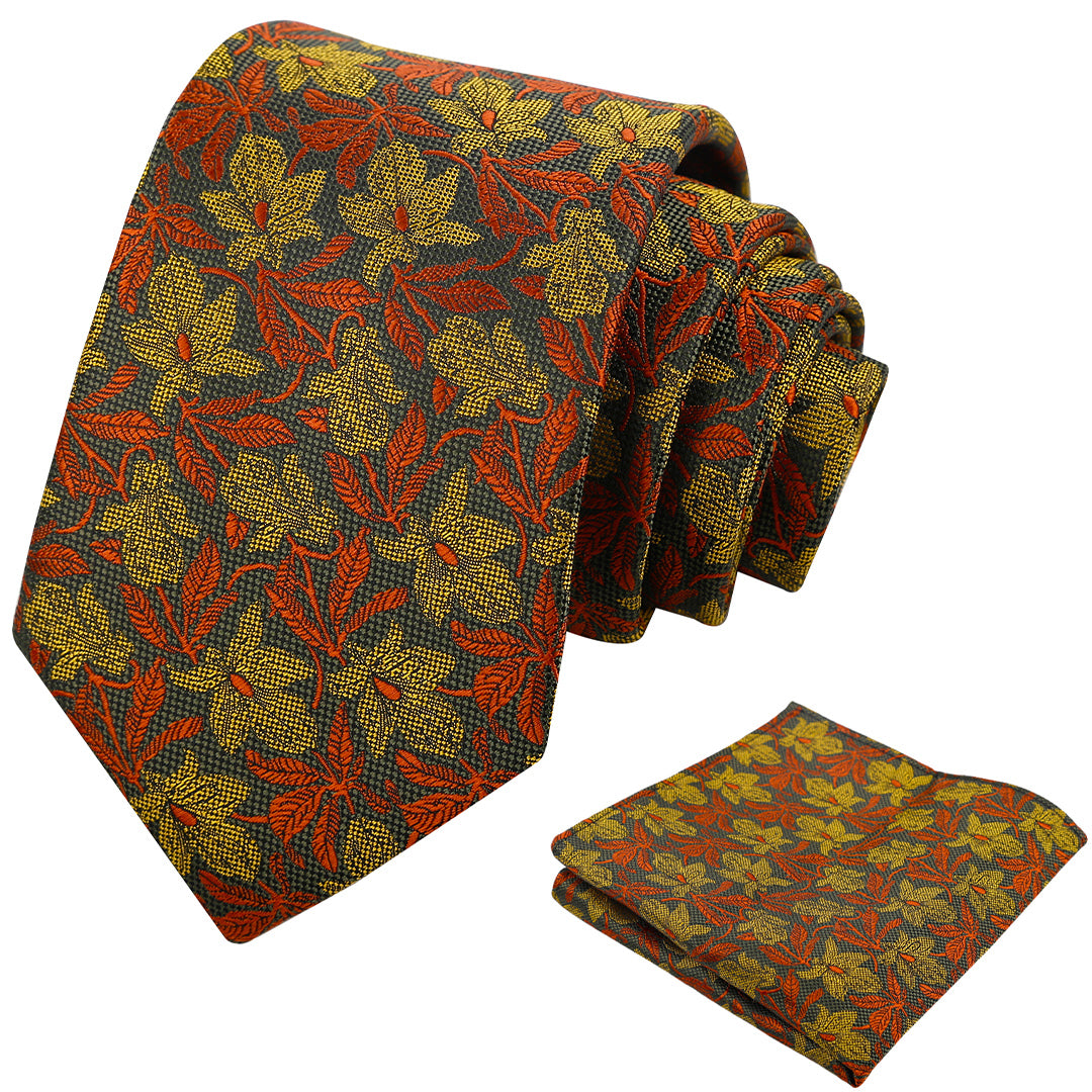 Mens 3.15'' Maple Leaf Pattern Necktie with Plant Printed Hanky Set-908