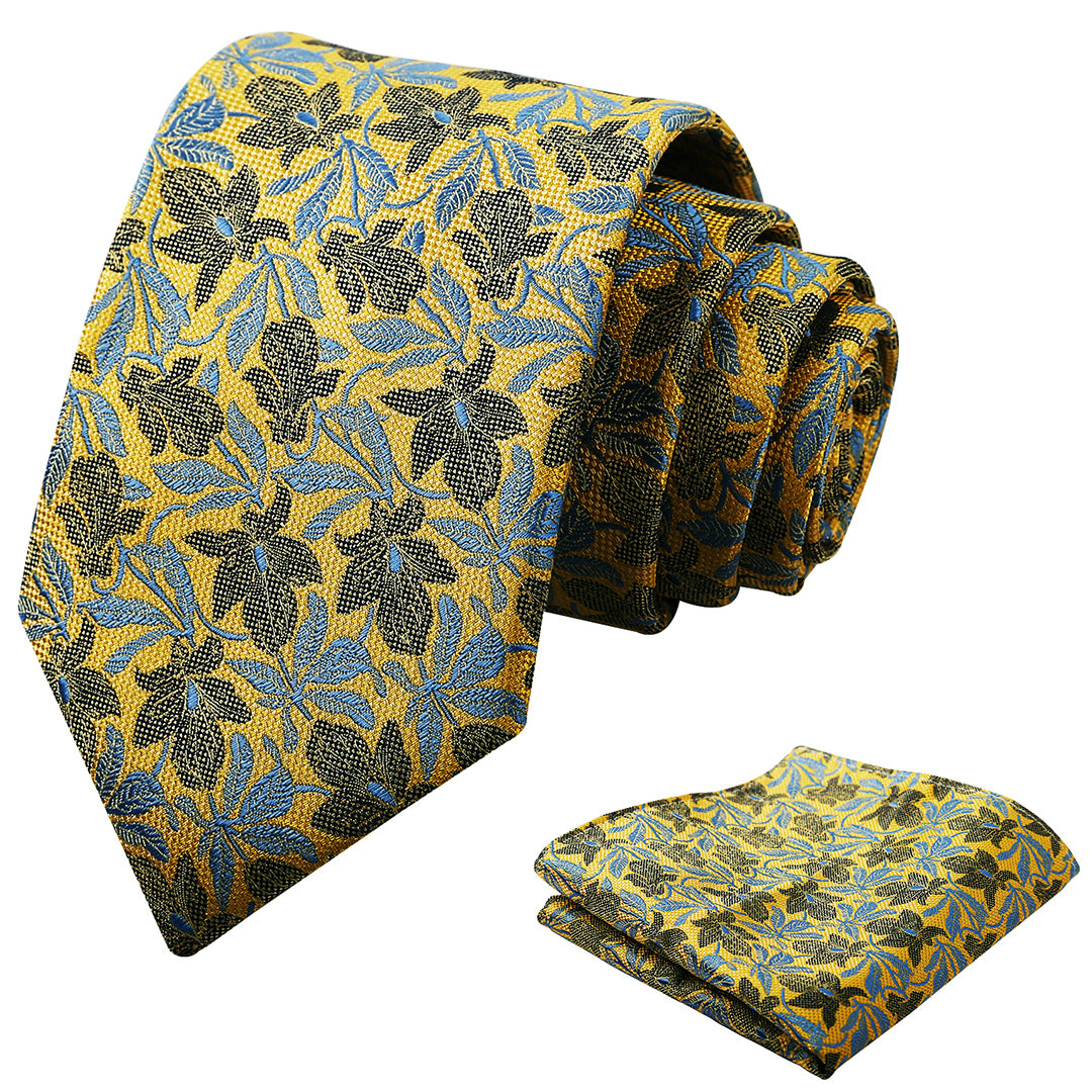 Mens 3.15'' Maple Leaf Pattern Necktie with Plant Printed Hanky Set-908