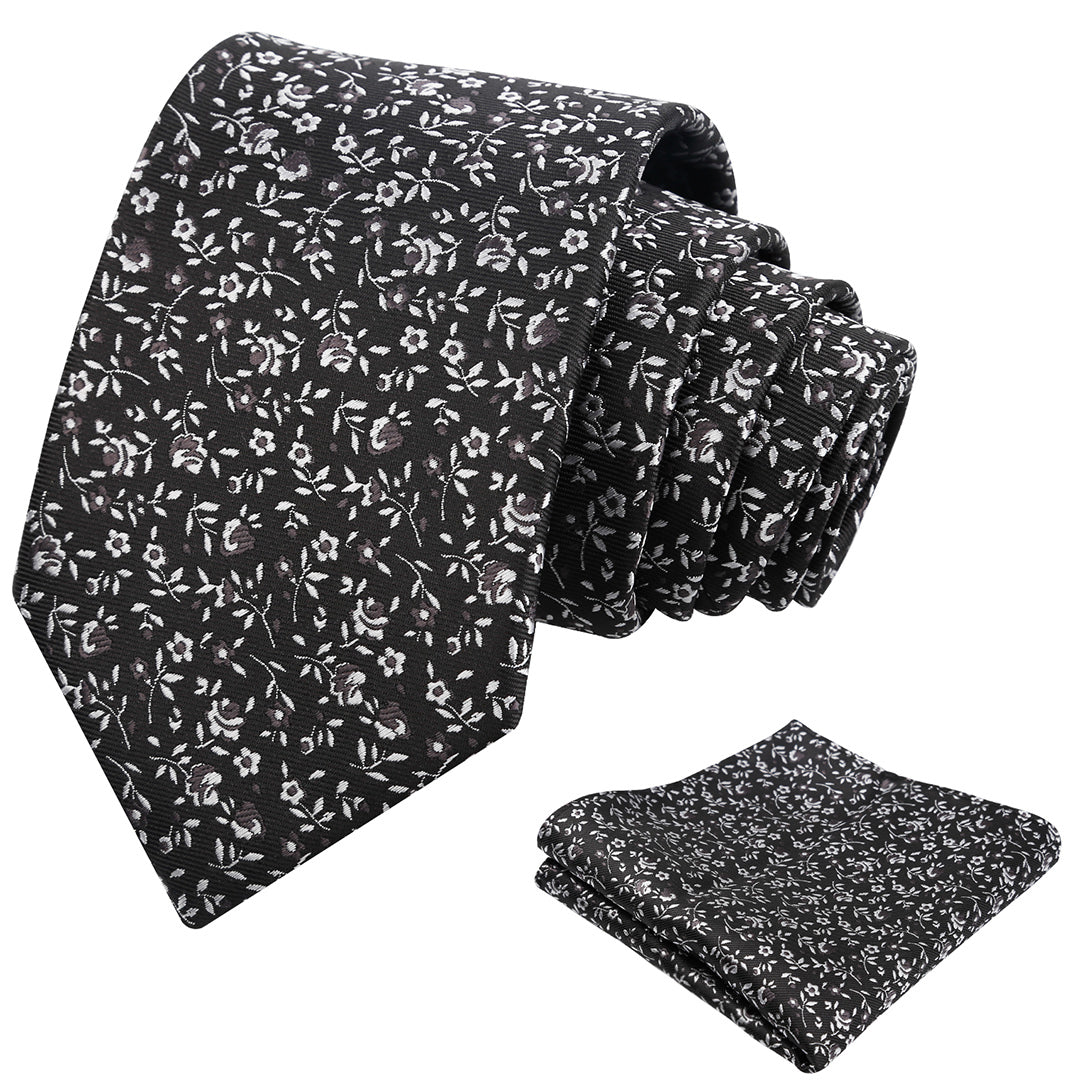 Mens 3.15inches Spring Exquisite Flower Tie with Small Floral Printed Pocket Square-910