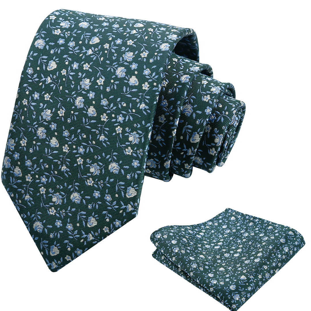 Mens 3.15inches Spring Exquisite Flower Tie with Small Floral Printed Pocket Square-910