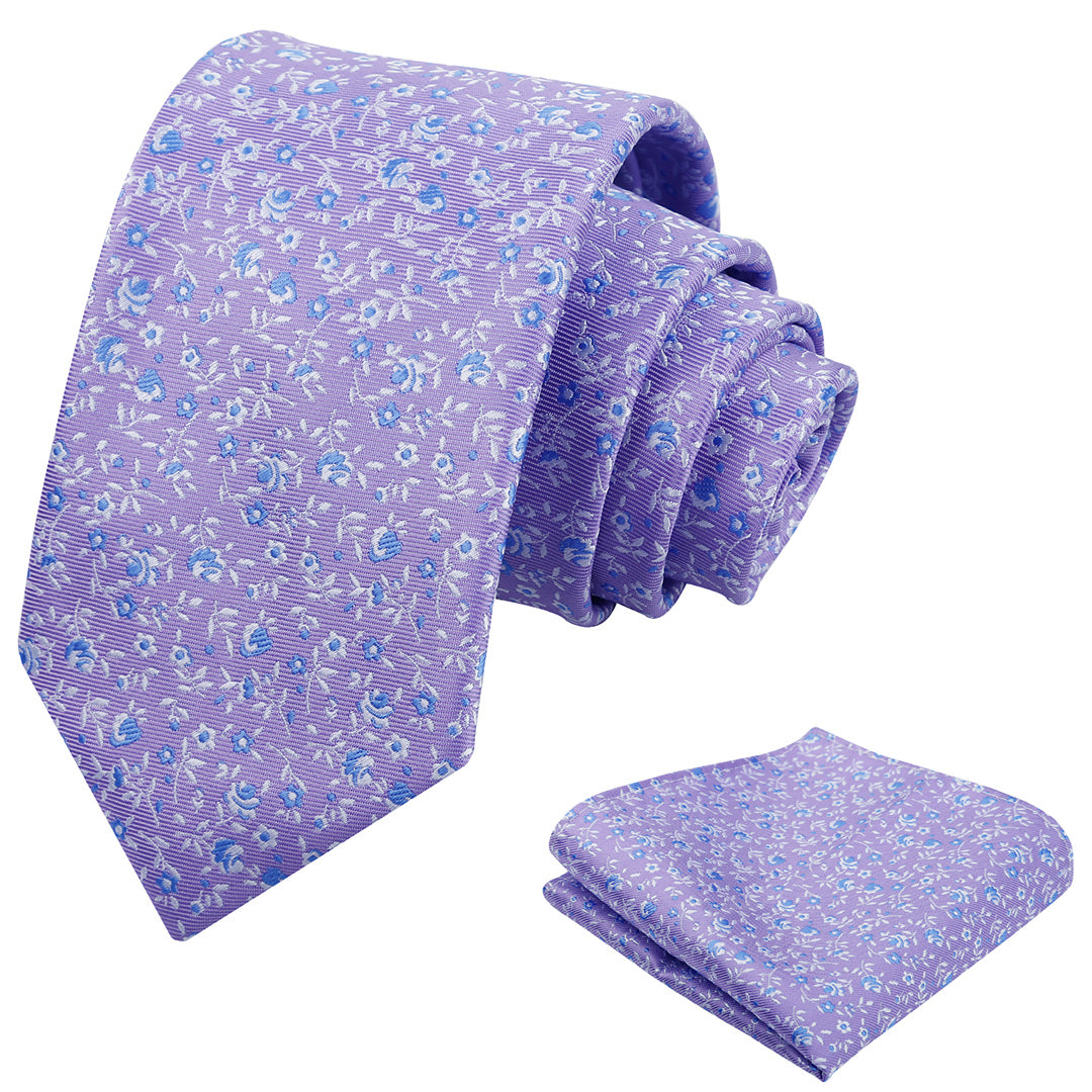 Mens 3.15inches Spring Exquisite Flower Tie with Small Floral Printed Pocket Square-910