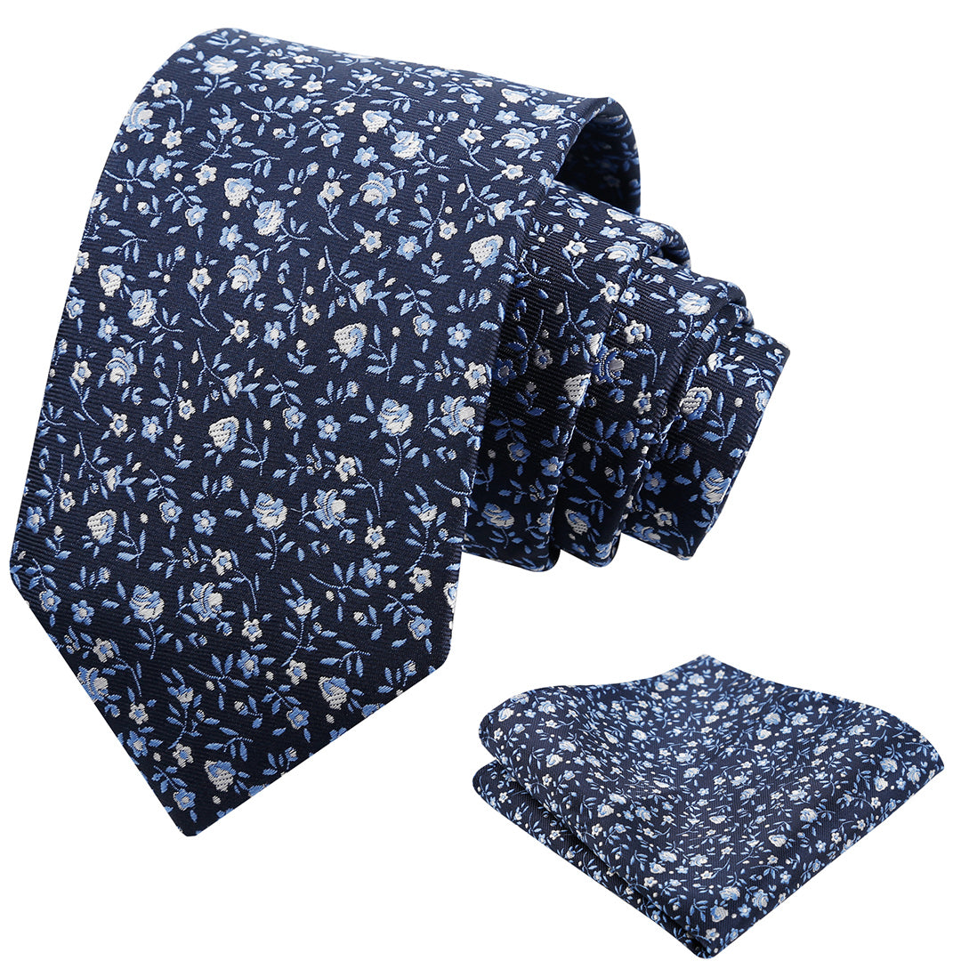 Mens 3.15inches Spring Exquisite Flower Tie with Small Floral Printed Pocket Square-910