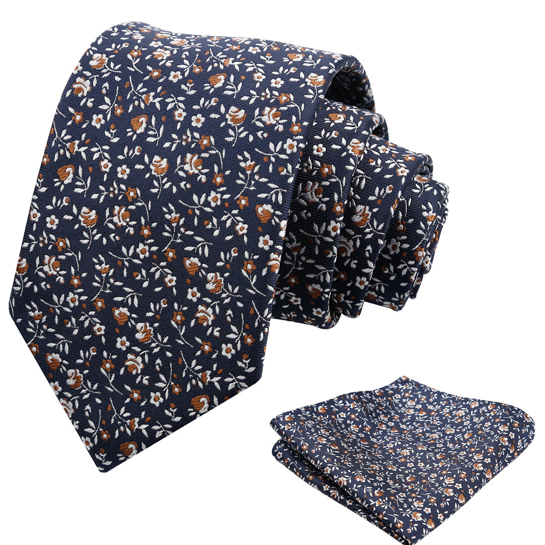 Mens 3.15inches Spring Exquisite Flower Tie with Small Floral Printed Pocket Square-910
