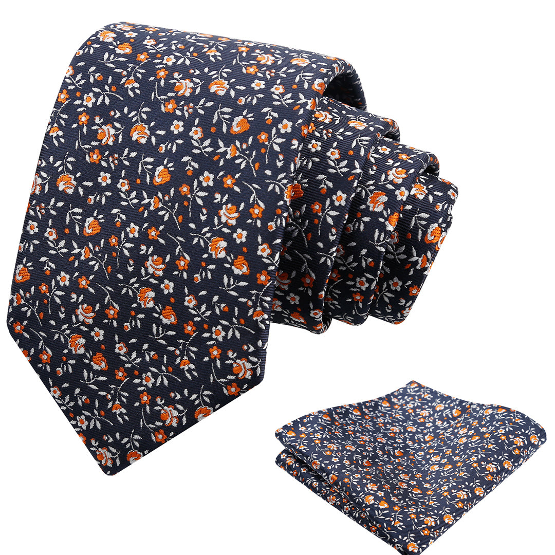 Mens 3.15inches Spring Exquisite Flower Tie with Small Floral Printed Pocket Square-910