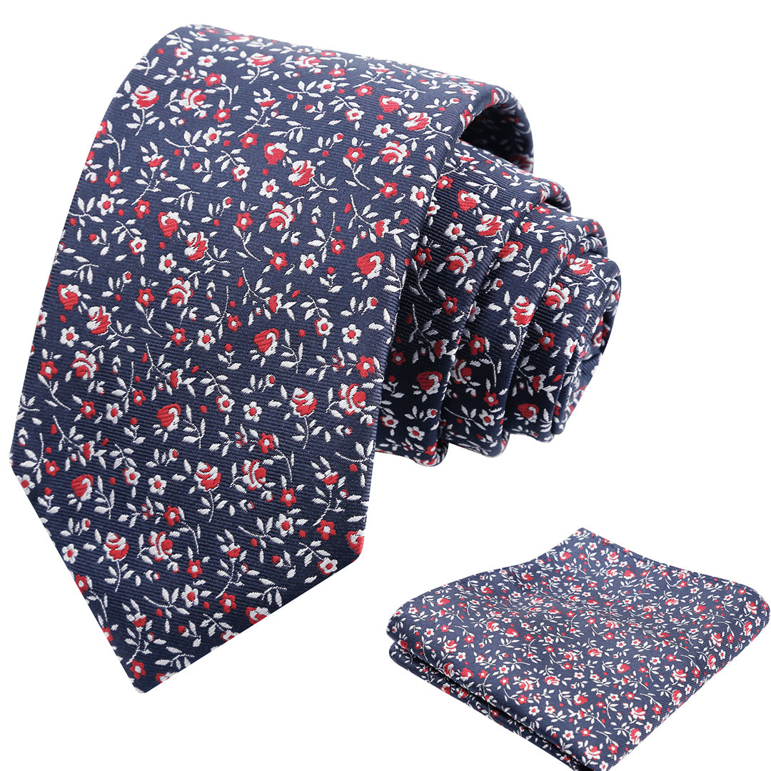 Mens 3.15inches Spring Exquisite Flower Tie with Small Floral Printed Pocket Square-910