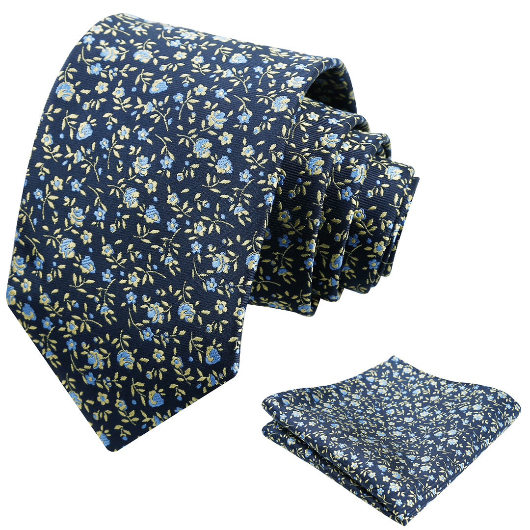 Mens 3.15inches Spring Exquisite Flower Tie with Small Floral Printed Pocket Square-910