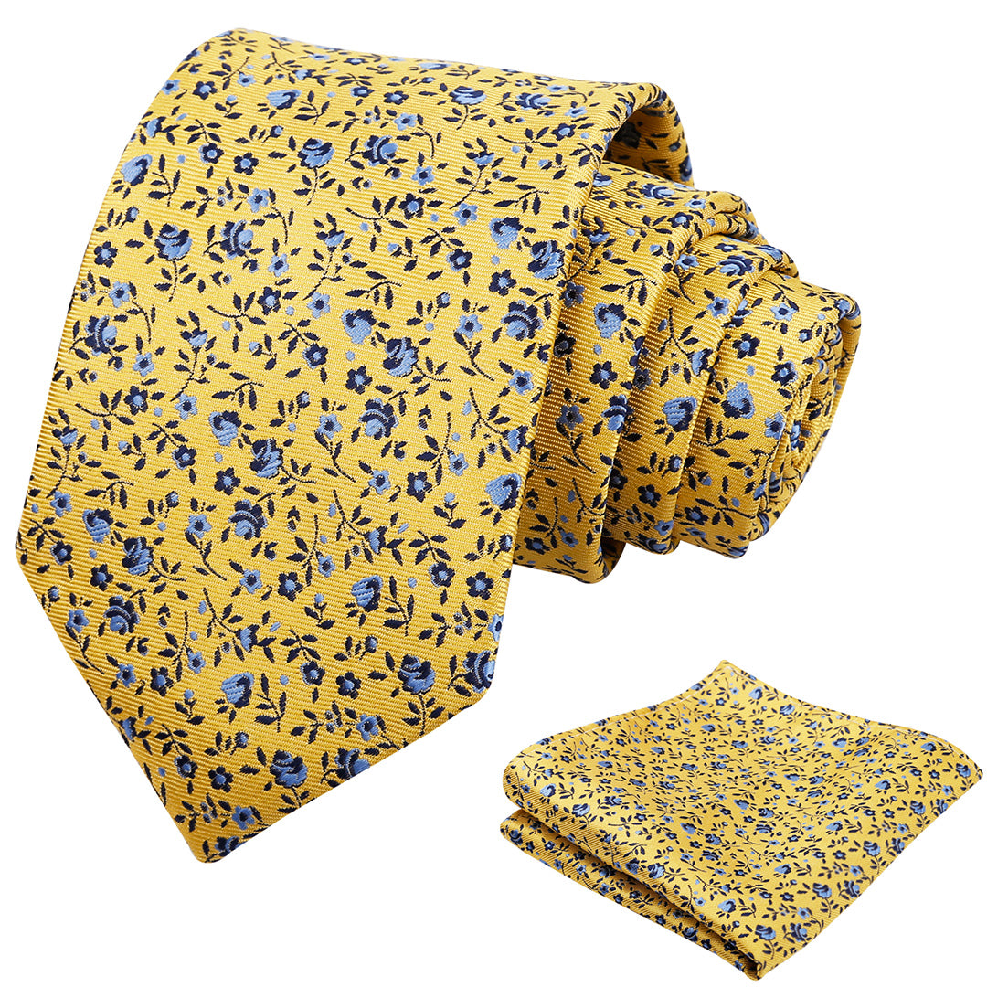Mens 3.15inches Spring Exquisite Flower Tie with Small Floral Printed Pocket Square-910