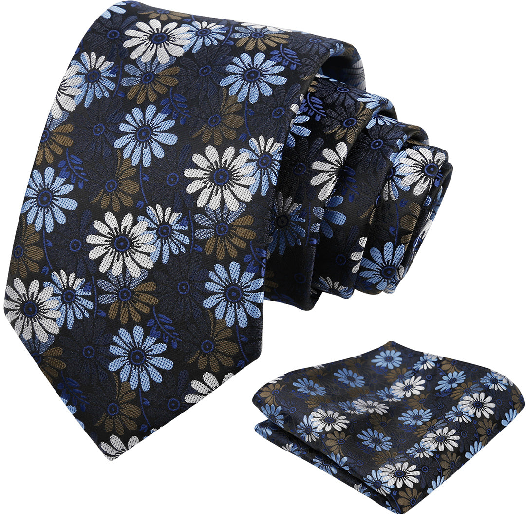 Mens 3.15'' Colorful Flower Necktie and Pocket Square Set Wedding Casual Rustic Tie and Hanky Set-912