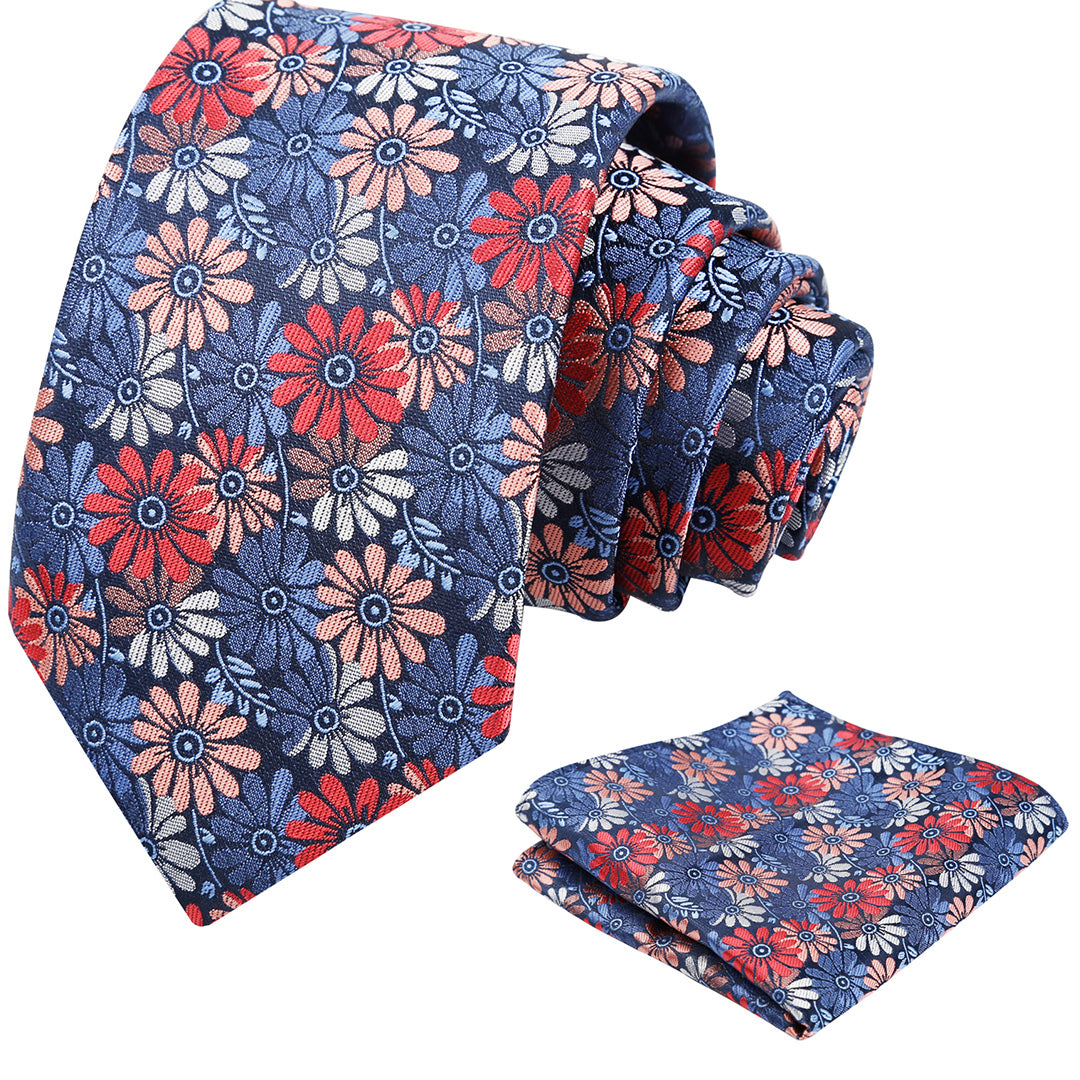 Mens 3.15'' Colorful Flower Necktie and Pocket Square Set Wedding Casual Rustic Tie and Hanky Set-912