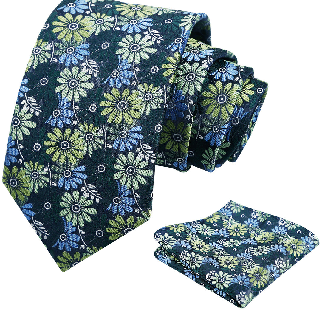 Mens 3.15'' Colorful Flower Necktie and Pocket Square Set Wedding Casual Rustic Tie and Hanky Set-912