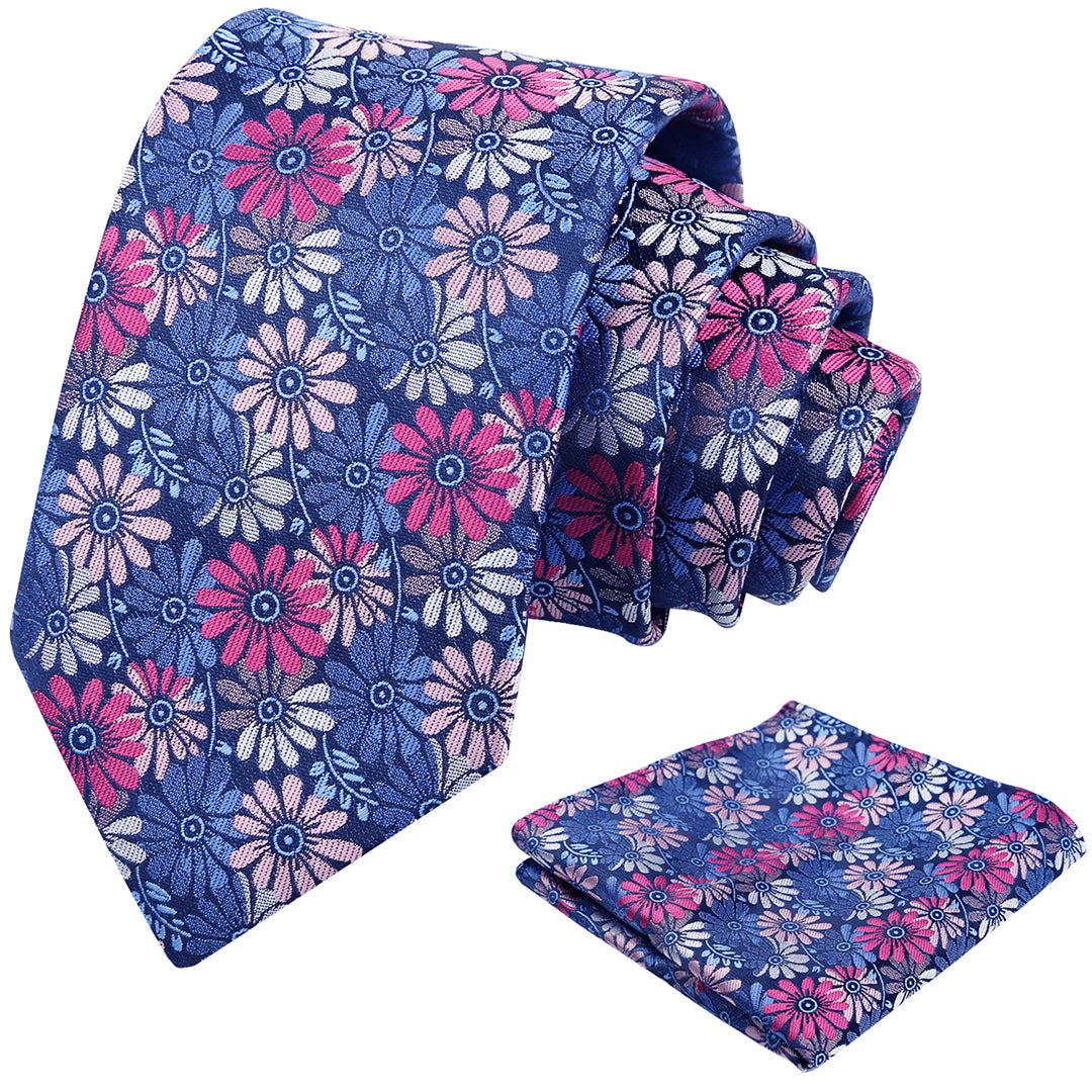 Mens 3.15'' Colorful Flower Necktie and Pocket Square Set Wedding Casual Rustic Tie and Hanky Set-912