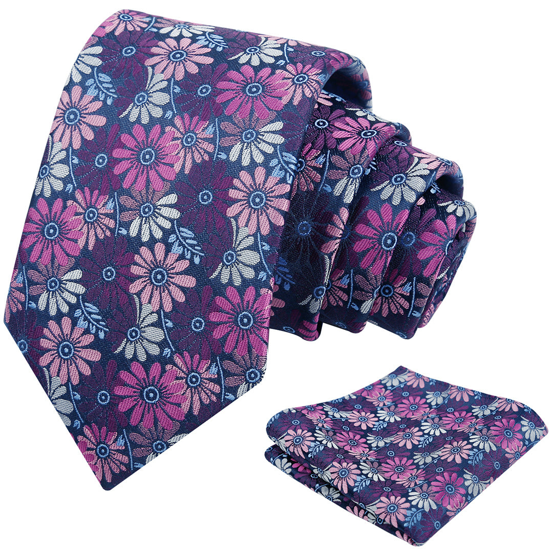 Mens 3.15'' Colorful Flower Necktie and Pocket Square Set Wedding Casual Rustic Tie and Hanky Set-912