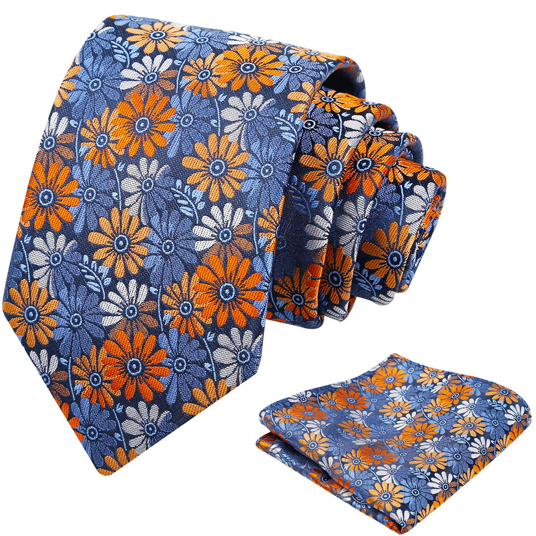 Mens 3.15'' Colorful Flower Necktie and Pocket Square Set Wedding Casual Rustic Tie and Hanky Set-912