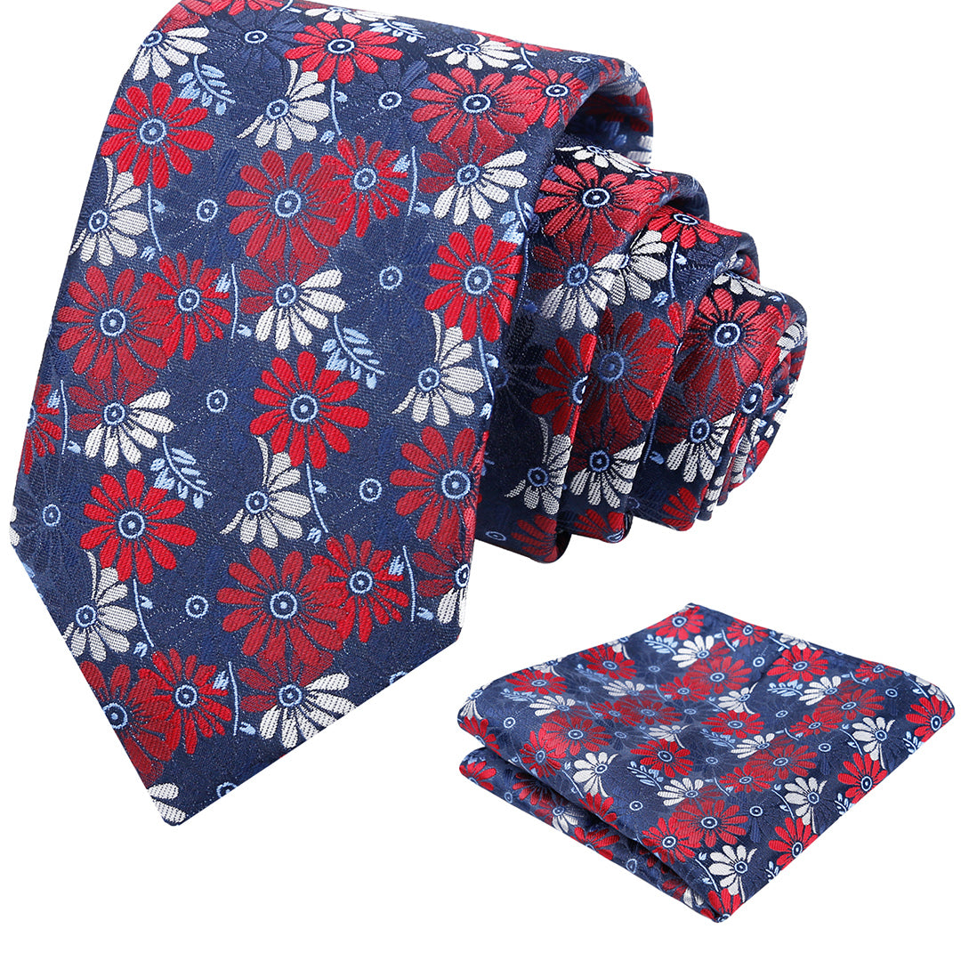 Mens 3.15'' Colorful Flower Necktie and Pocket Square Set Wedding Casual Rustic Tie and Hanky Set-912