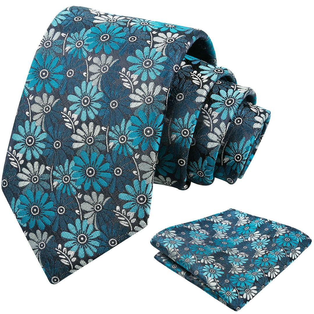 Mens 3.15'' Colorful Flower Necktie and Pocket Square Set Wedding Casual Rustic Tie and Hanky Set-912